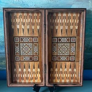 Vintage Wood Backgammon Set with intricate marquetry